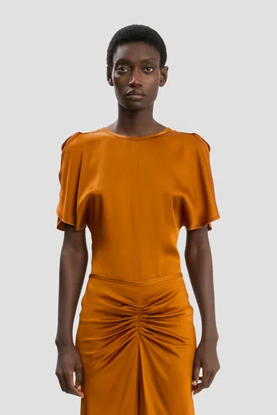 Victoria Beckham Womens Draped Sleeve Satin Top Bronze In Orange