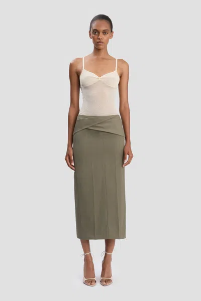 Victoria Beckham Belted Wool-blend Twill Midi Skirt In Brown