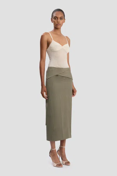 Victoria Beckham Belted Wool-blend Twill Midi Skirt In Brown