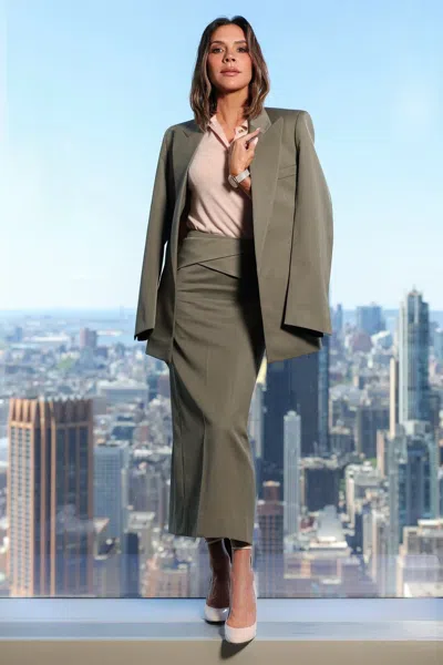 Victoria Beckham Belted Wool-blend Twill Midi Skirt In Brown