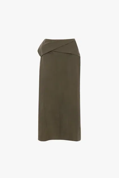 Victoria Beckham Belted Wool-blend Twill Midi Skirt In Brown