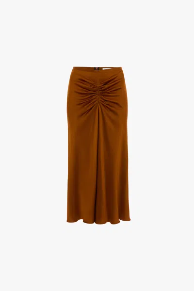 Victoria Beckham Gathered Waist Satin Midi Skirt In Brown