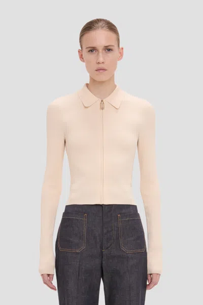 Victoria Beckham Mila Ribbed-knit Zip-up Top In Neutral