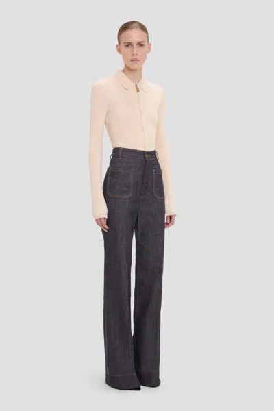 Victoria Beckham Mila Ribbed-knit Zip-up Top In Neutral