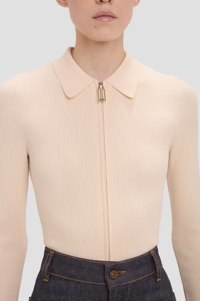 Victoria Beckham Mila Ribbed-knit Zip-up Top In Neutral