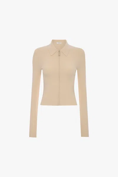 Victoria Beckham Mila Ribbed-knit Zip-up Top In Neutral
