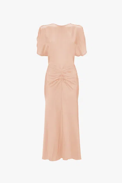 Victoria Beckham Eve Gathered-waist Satin Midi Dress In Pink