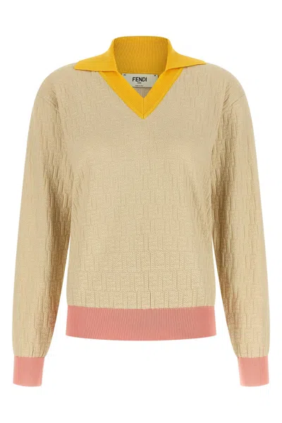 Fendi Knitwear Long Sleeves V Neck Contrasting Collar In Neutral