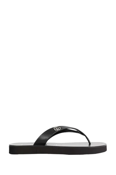 Gucci Black Nappa Leather Platform Thong Sandals With Double G In Black