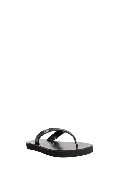 Gucci Black Nappa Leather Platform Thong Sandals With Double G In Black