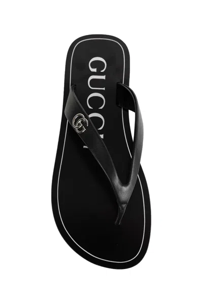 Gucci Black Nappa Leather Platform Thong Sandals With Double G In Black