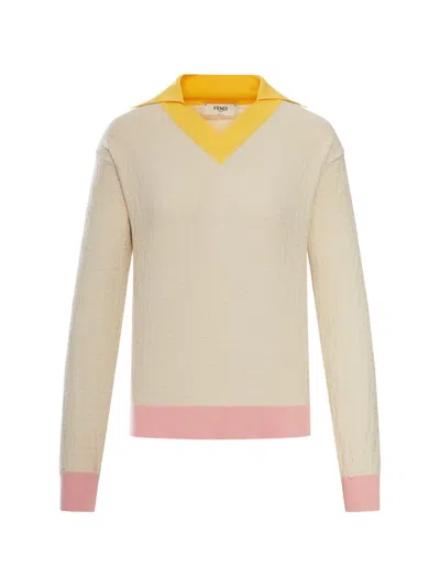 Fendi Knitwear Long Sleeves V Neck Contrasting Collar In Neutral