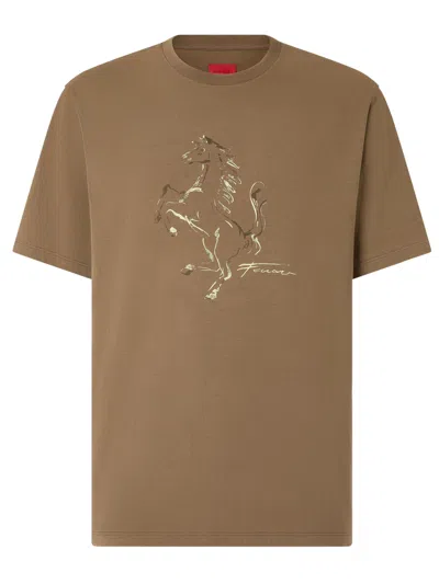 Ferrari Cotton T-shirt With Prancing Horse Print In Brown