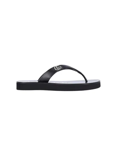 Gucci Black Nappa Leather Platform Thong Sandals With Double G In Black