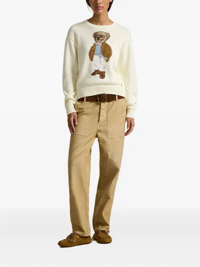 Polo Ralph Lauren Cotton Bear Long Sleeve Crew Neck In White