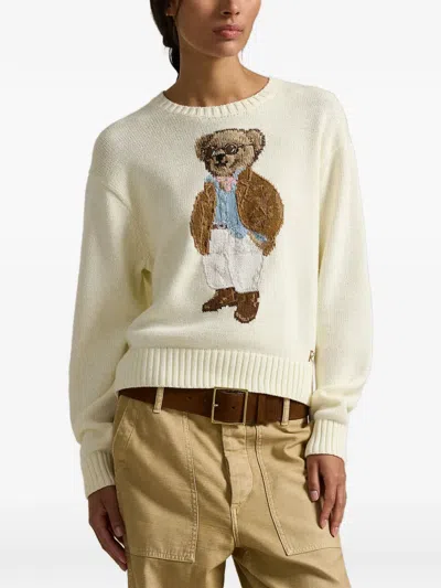Polo Ralph Lauren Cotton Bear Long Sleeve Crew Neck In White