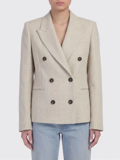 Brunello Cucinelli Women Double-breasted Jacket In Linen And Cotton With Chevron Pattern In Neutral