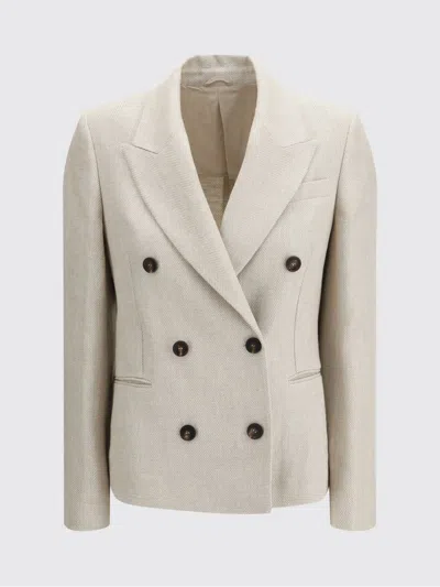 Brunello Cucinelli Women Double-breasted Jacket In Linen And Cotton With Chevron Pattern In Neutral