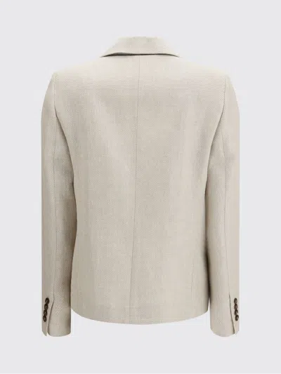 Brunello Cucinelli Women Double-breasted Jacket In Linen And Cotton With Chevron Pattern In Neutral