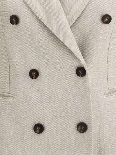 Brunello Cucinelli Women Double-breasted Jacket In Linen And Cotton With Chevron Pattern In Neutral
