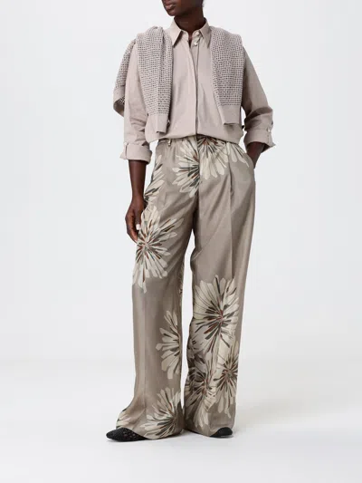 Brunello Cucinelli Elegant Silk Trousers With Stamped Floral Design In Brown