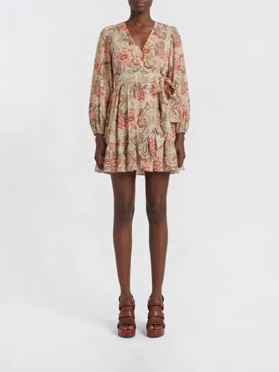 Zimmermann Daylight Mini Wrap Frill Dress Stamp Floral Sage In Brown