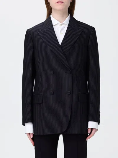 Fendi Women Blue Double-breasted Jacket With Peak Revers And Pinstripe Motif In Wool Blend Woman In Blue