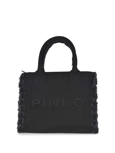 Pinko Frayed Lettering Medium Tote Bag In Black