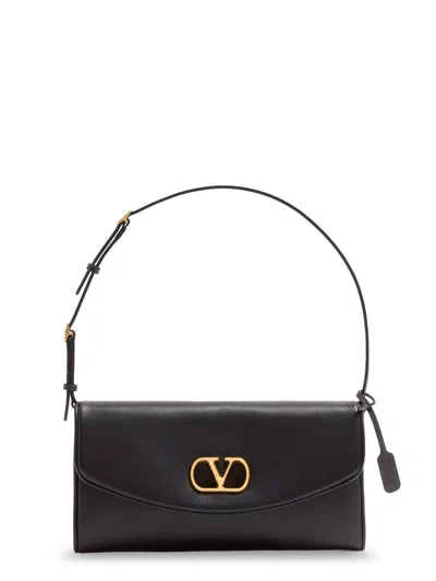 Valentino Devain Leather Shoulder Bag With Metal Vlogo Signature In Black