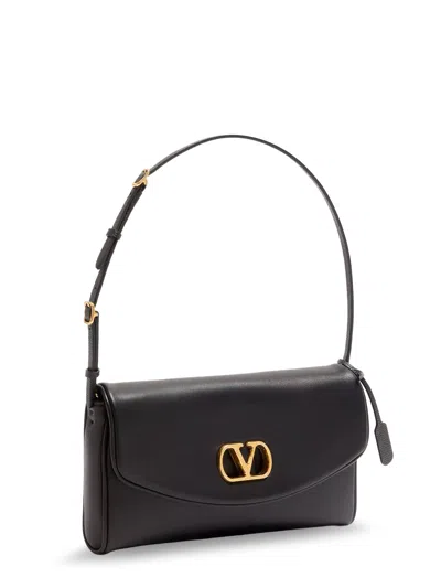 Valentino Devain Leather Shoulder Bag With Metal Vlogo Signature In Black