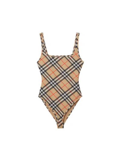 Burberry Women Nylon One-piece Swimsuit With Check Print In Neutral