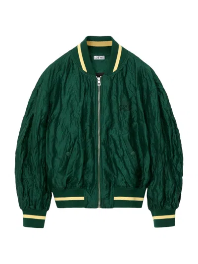 Loewe Womens Dark Green Crinkled-texture Striped-trim Woven Bomber Jacket In Gray