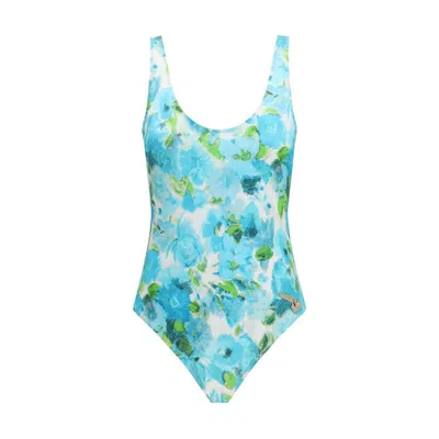 Chloé White And Blue Aqua Flower-print Lycra One-piece Swimsuit In Blue