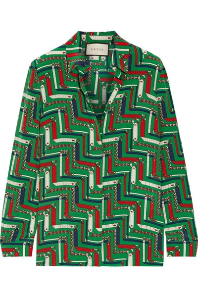 Shop Gucci Printed Silk Crepe De Chine Shirt In Green