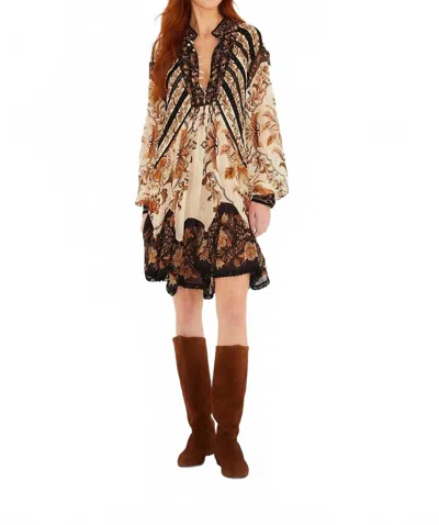 Farm Rio Majestic Garden Long Sleeve Lace Insets Trapeze Dress In Multi