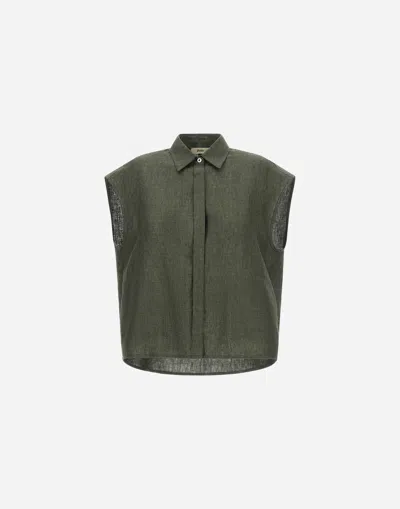 Herno Sleeveless Linen Shirt With Collar And Button Fastening In Green