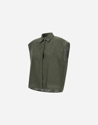 Herno Sleeveless Linen Shirt With Collar And Button Fastening In Green