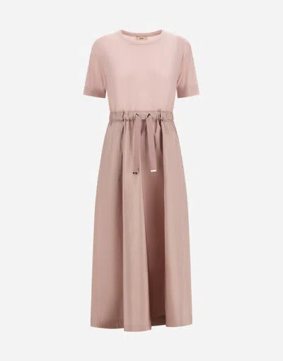 Herno Midi Dress Short Sleeves Round Neckline Drawstring In Pink