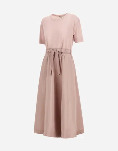 Herno Midi Dress Short Sleeves Round Neckline Drawstring In Pink