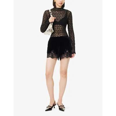 Reformation Womens Black Fern Lace-hem Satin Shorts In Multi