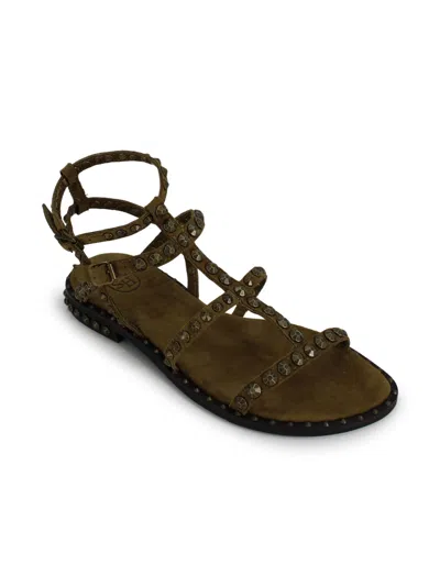 Ash Studded Leather Ankle Strap Flat Sandals In Green