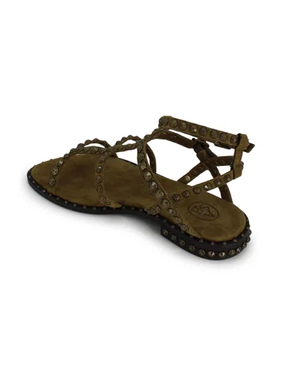 Ash Studded Leather Ankle Strap Flat Sandals In Green