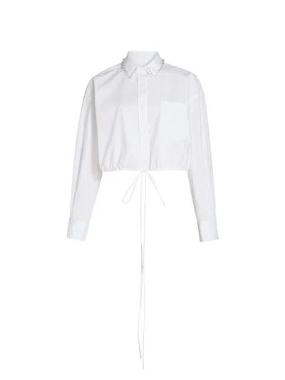 Alexander Wang Crystal Stud Crop Drawstring Waist Cotton Button-up Shirt In White