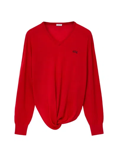 Loewe Asymmetric Draped Embroidered Wool-blend Sweater In Red