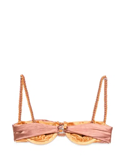 Isa Boulder Ruched Weave Bikini Top In Brown