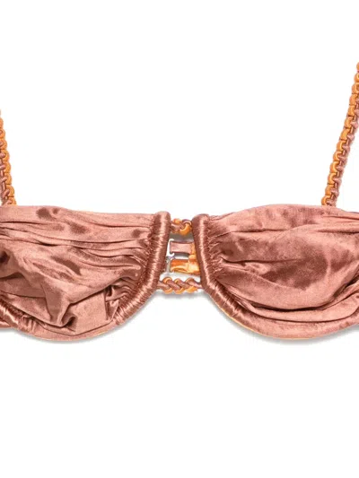 Isa Boulder Ruched Weave Bikini Top In Brown