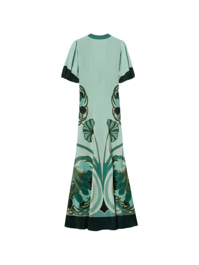 La Doublej Marlene Satin-trimmed Printed Silk-crepe Midi Dress In Green