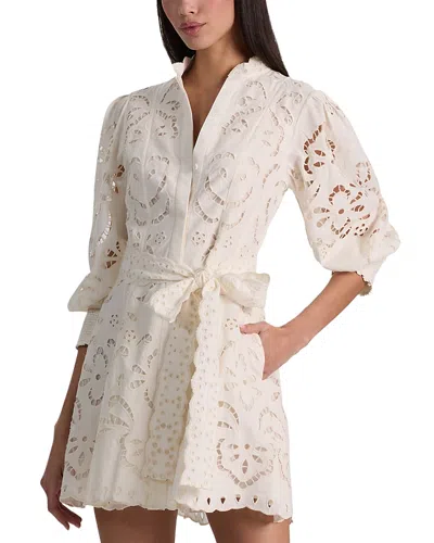Alice And Olivia Lucy Embroidered Longsleeve Mini Shirt Dress With Tie Belt In White