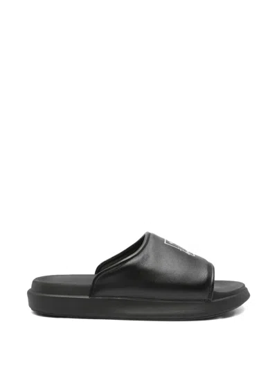 Y-3 Plain Leather Slides In Black