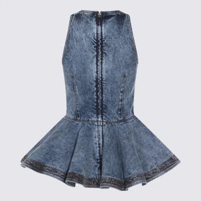 Alaïa Alaia Peplum Halterneck Top With Ruched Hem And Fitted Waist In Blue